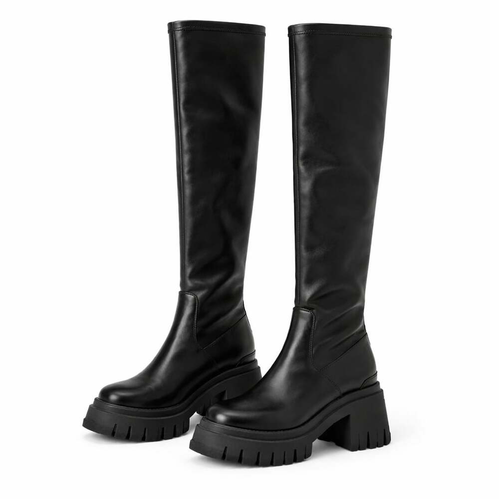 Lemaré Black Leather Chunky Lug Sole Platform Knee High Boots Size 41